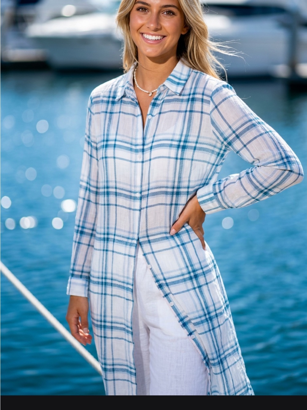 Romeo & Juliet Couture Light Blue Plaid Long Cover-Up